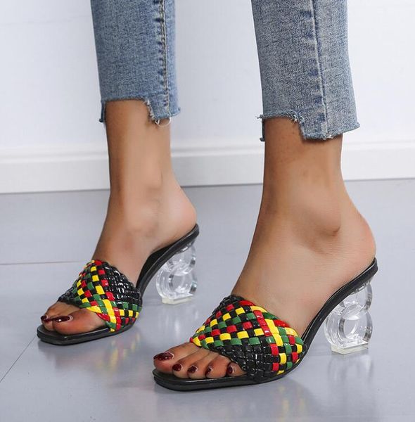 2021 summer trendy slippers flat color woven ladies high heels, Black